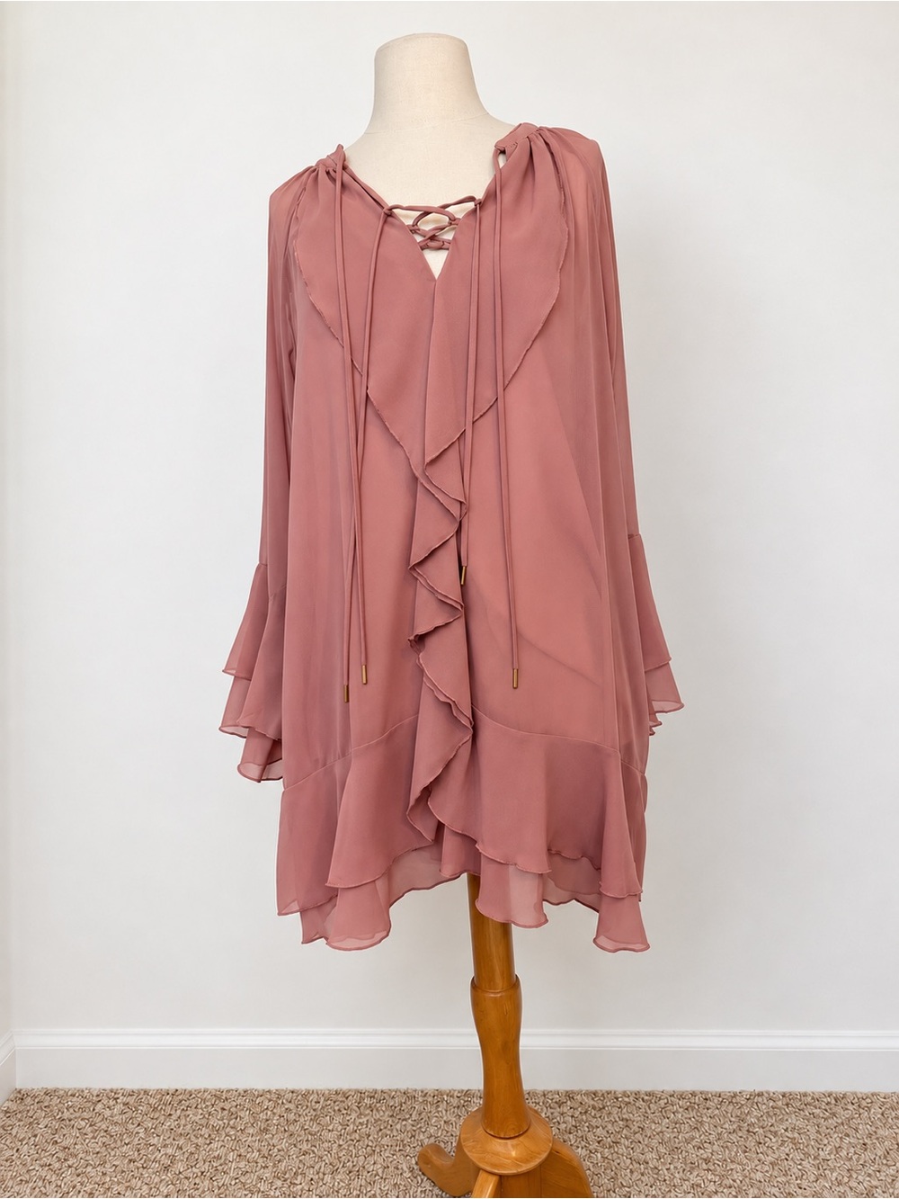 Ruffle-Front Dusty Rose Mini Dress with Lace-Up Neck